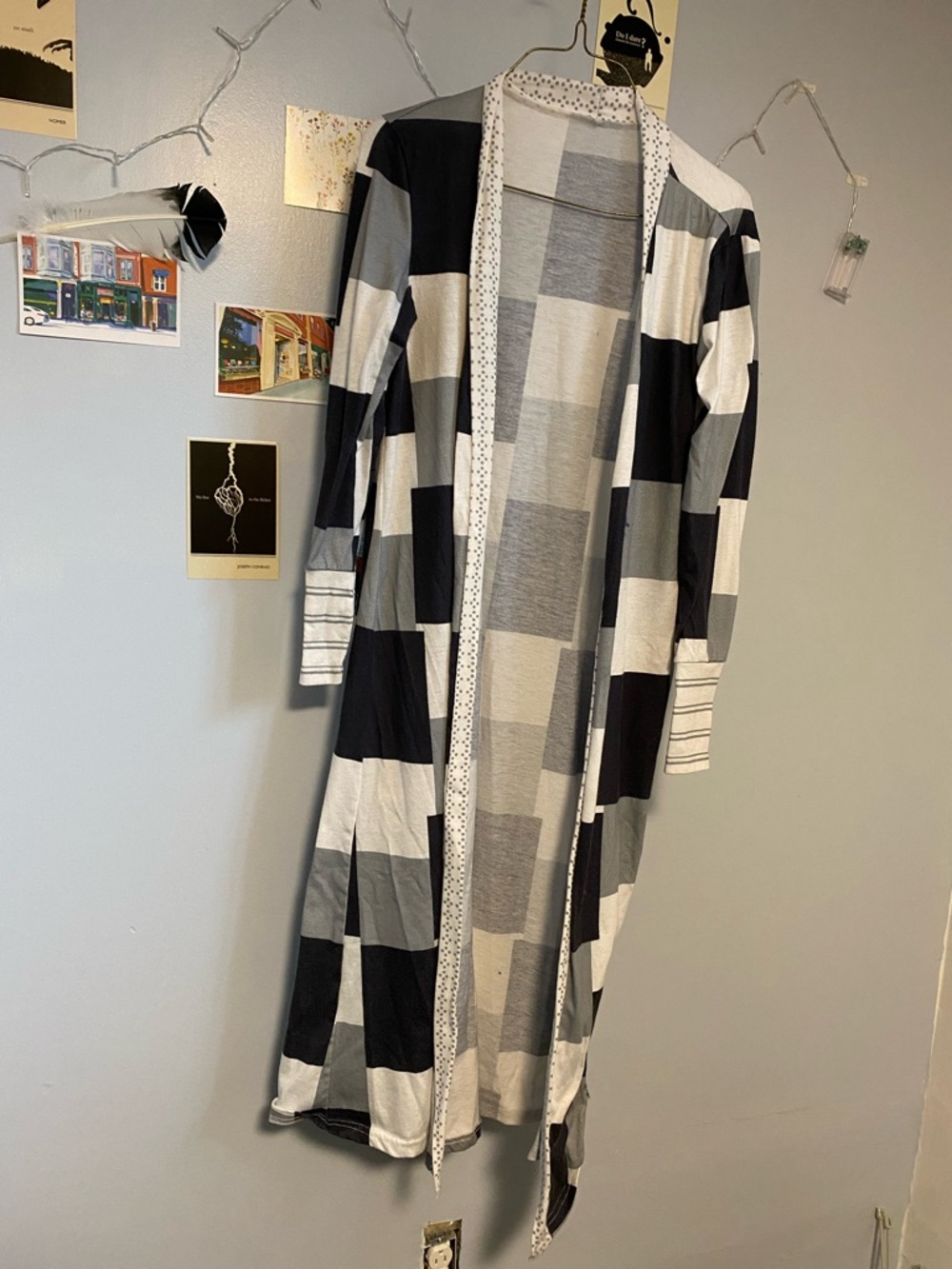 Striped Long Duster Cardigan in Black, Gray & Cream